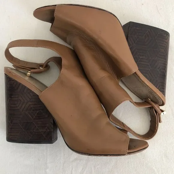 Tory Burch Slingback Shoes Saddle Leather Block Heel Peep Toe Mule Brazil Sz 7.5 - Picture 10 of 12